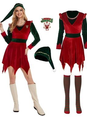 Christmas Elf Costume Women’s Size L Dress Hat Stockings Pin Cosplay Halloween
